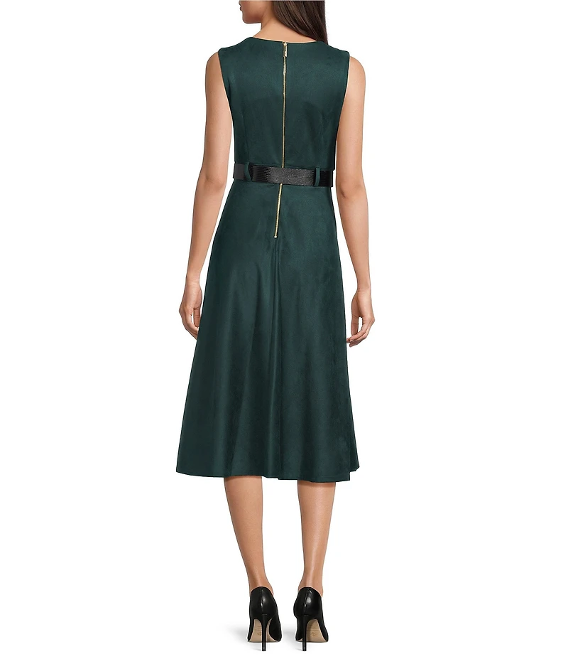 Calvin Klein Scuba Suede Crew Neck Sleeveless A-Line Belted Midi Dress