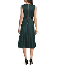 Calvin Klein Scuba Suede Crew Neck Sleeveless A-Line Belted Midi Dress