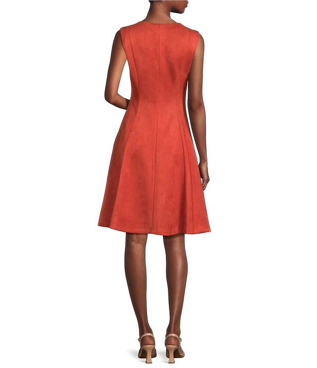 Calvin Klein Scuba Suede V-Neck Front Zip A-Line Dress Brazos Mall