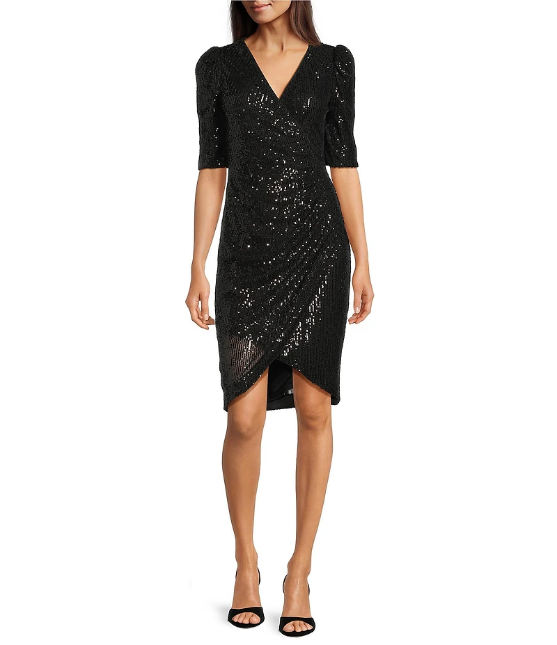 Calvin Klein Sequin V-Neck Short Puff Sleeve Faux Wrap Dress