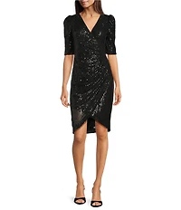 Calvin Klein Sequin V-Neck Short Puff Sleeve Faux Wrap Dress
