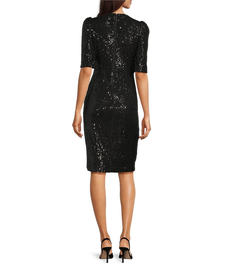 Calvin Klein Sequin V-Neck Short Puff Sleeve Faux Wrap Dress