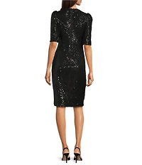Calvin Klein Sequin V-Neck Short Puff Sleeve Faux Wrap Dress