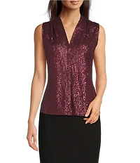 Calvin Klein Sequin V-Neck Shoulder Pleat Sleeveless Top