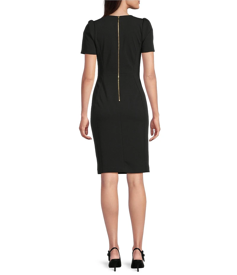 Calvin Klein Short Pleated Sleeve Crew Neck Sheath Dress