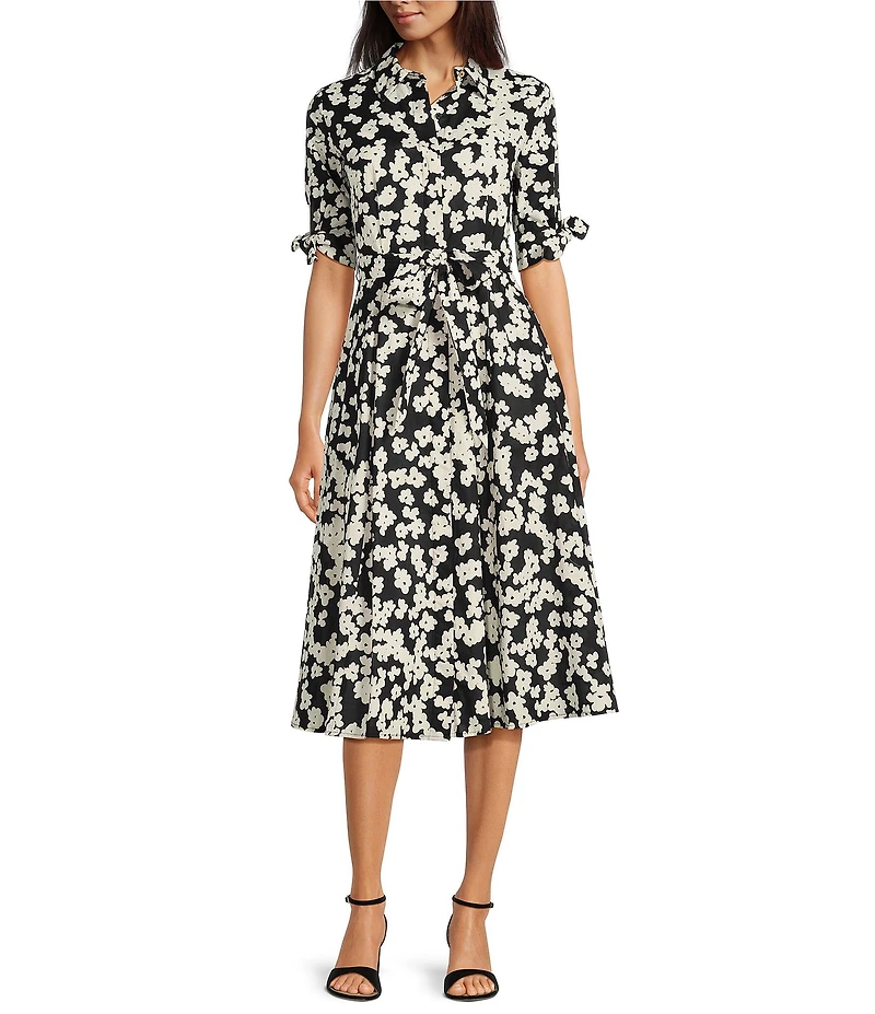 Calvin Klein Short Sleeve Belted Floral Shirt Midi Dress