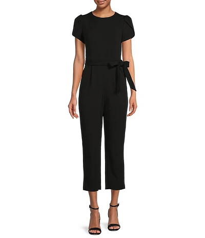 Calvin Klein Short Sleeve Crew Neck Tie Waist Scuba Crepe Jumpsuit