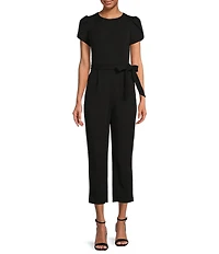 Calvin Klein Short Sleeve Crew Neck Tie Waist Scuba Crepe Jumpsuit