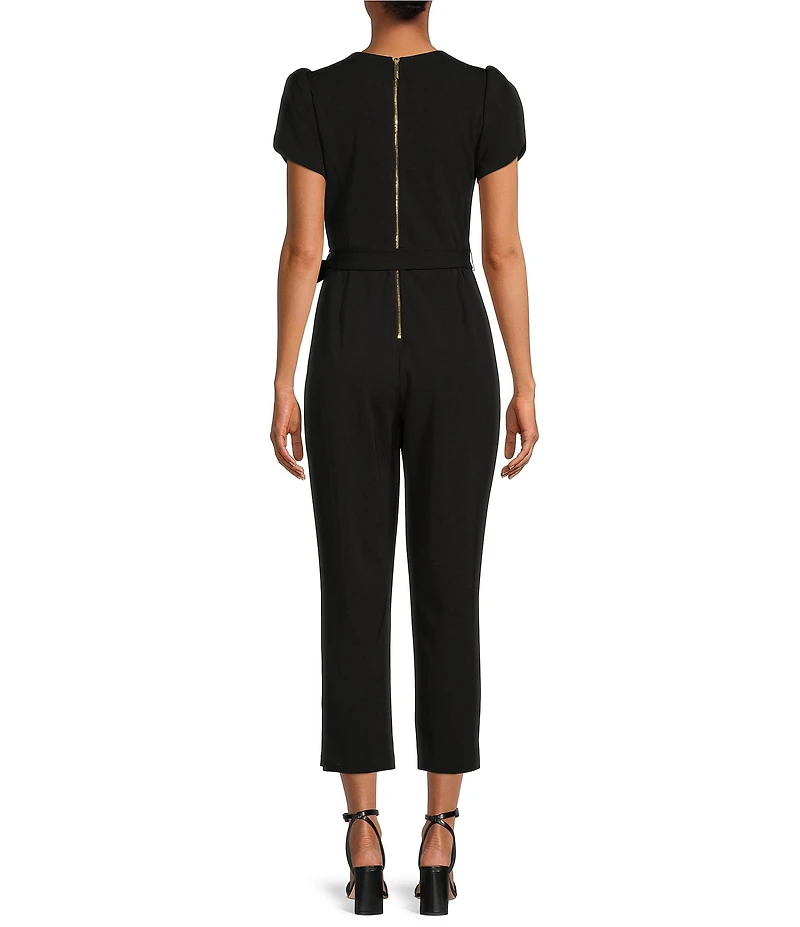 Calvin Klein Short Sleeve Crew Neck Tie Waist Scuba Crepe Jumpsuit