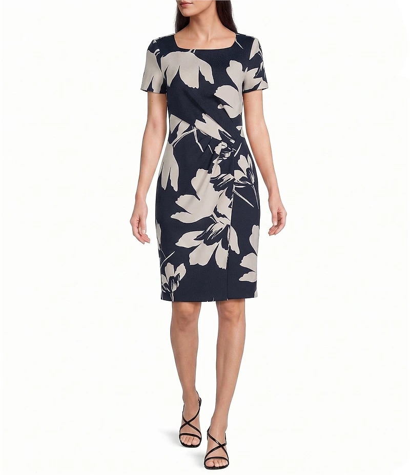 Calvin Klein Short Sleeve Floral Print Square Neck Sheath Dress