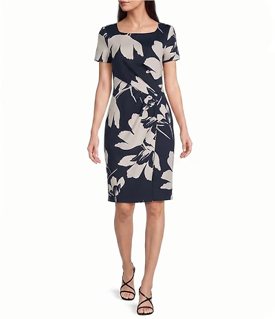 Calvin Klein Short Sleeve Floral Print Square Neck Sheath Dress
