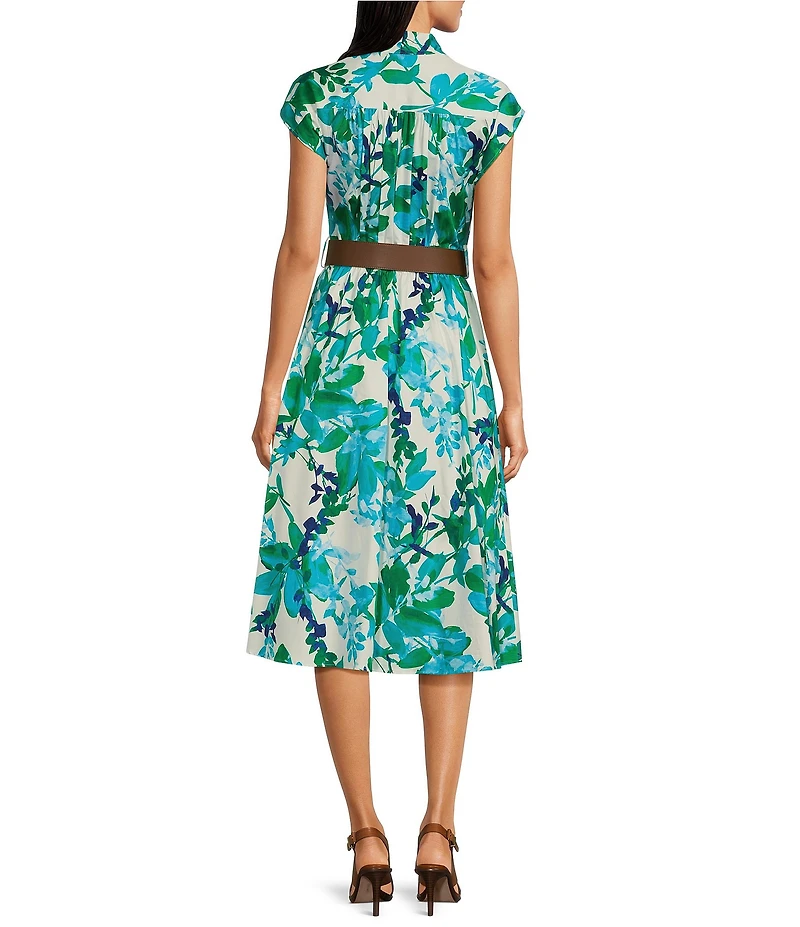 Calvin Klein Short Sleeve Floral V-Neck Belted Midi Dress