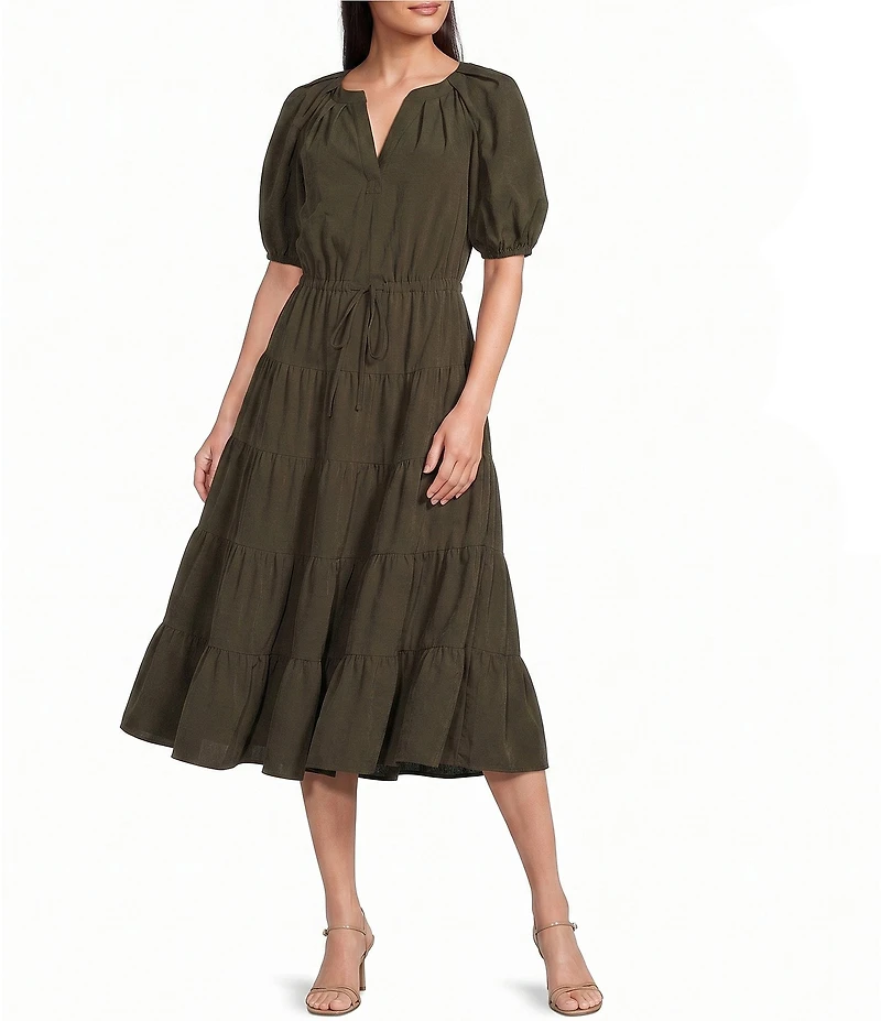 Calvin Klein Short Sleeve Notch Neck Tiered A-Line Midi Dress