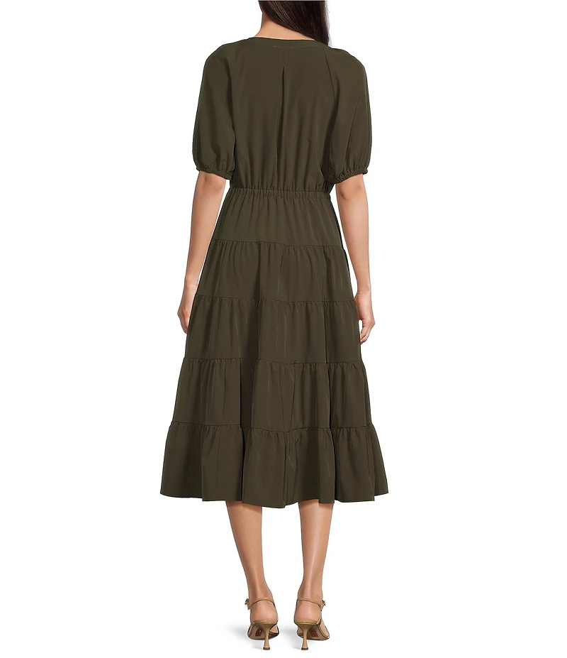 Calvin Klein Short Sleeve Notch Neck Tiered A-Line Midi Dress
