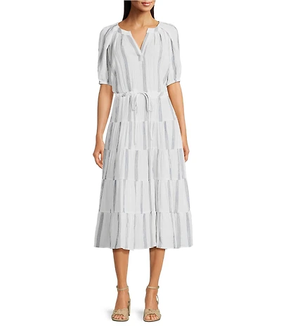 Calvin Klein Short Sleeve V-Neck Striped A-Line Midi Dress