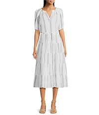 Calvin Klein Short Sleeve V-Neck Striped A-Line Midi Dress