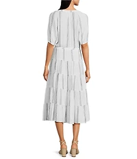 Calvin Klein Short Sleeve V-Neck Striped A-Line Midi Dress