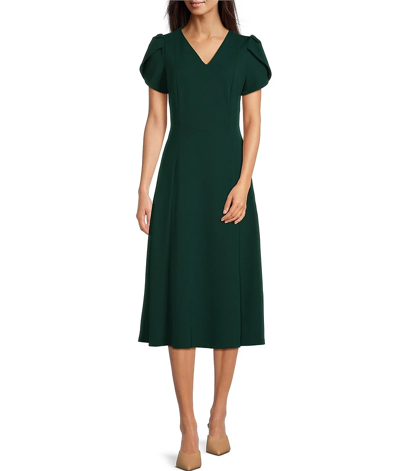 Calvin Klein Scuba Crepe Short Tulip Sleeve V-Neck A-Line Midi Dress
