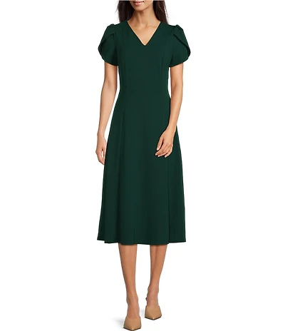 Calvin Klein Scuba Crepe Short Tulip Sleeve V-Neck A-Line Midi Dress