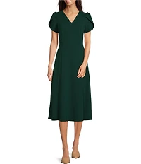 Calvin Klein Scuba Crepe Short Tulip Sleeve V-Neck A-Line Midi Dress