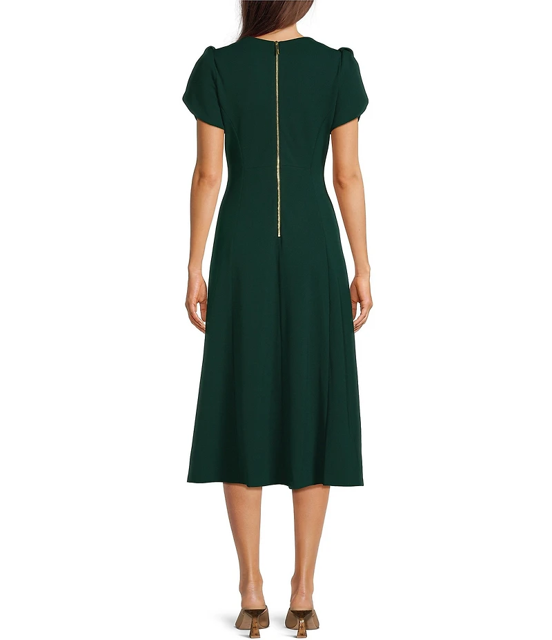 Calvin Klein Scuba Crepe Short Tulip Sleeve V-Neck A-Line Midi Dress