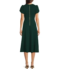 Calvin Klein Scuba Crepe Short Tulip Sleeve V-Neck A-Line Midi Dress