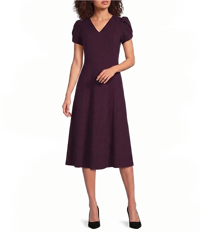 Calvin Klein Scuba Crepe Short Tulip Sleeve V-Neck A-Line Midi Dress