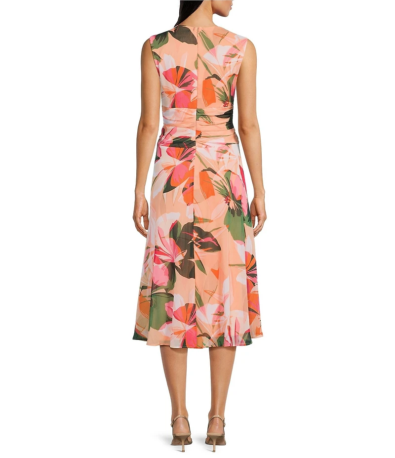 Calvin Klein Sleeveless Chiffon Crew Neck Floral Print A-Line Midi Dress