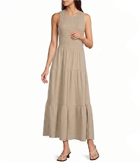 Calvin Klein Sleeveless Crew Neck Gauze Tiered Long Dress