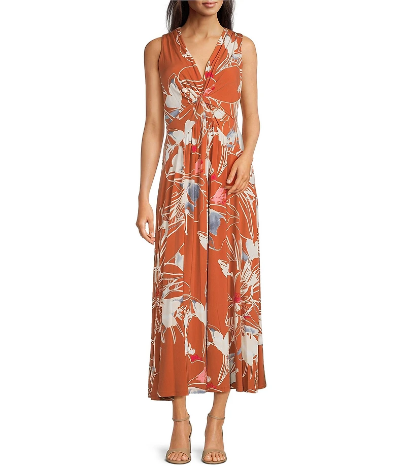 Calvin Klein Sleeveless V-Neck Floral Print A-Line Dress
