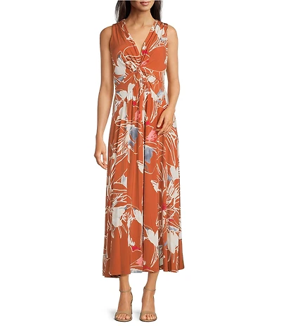 Calvin Klein Sleeveless V-Neck Floral Print A-Line Dress