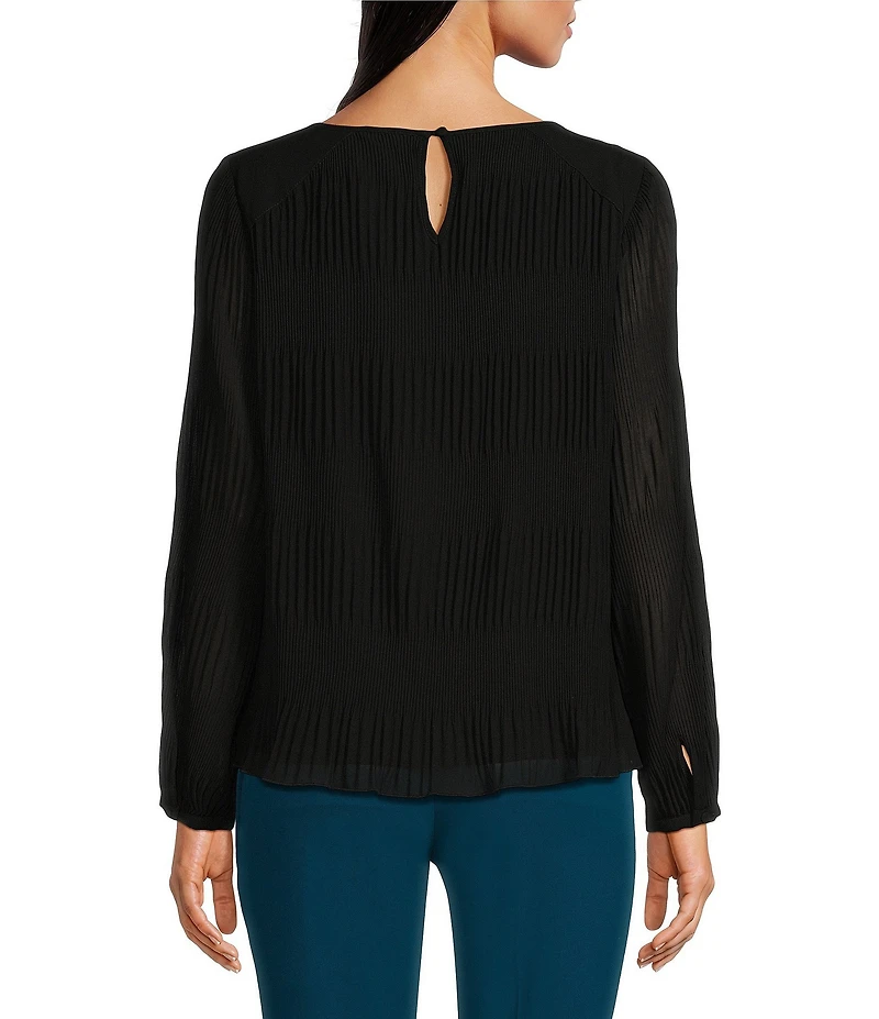 Calvin Klein Solid Chiffon Accordion Pleat Crew Neck Long Sleeve Top