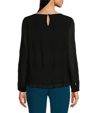 Calvin Klein Solid Chiffon Accordion Pleat Crew Neck Long Sleeve Top