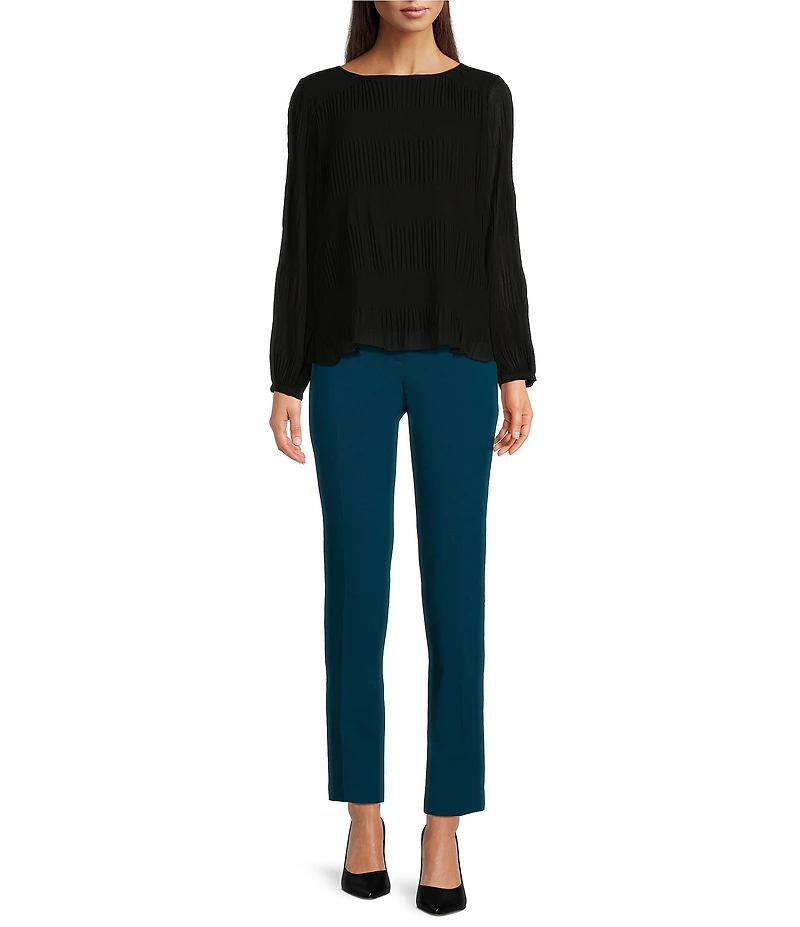 Calvin Klein Solid Chiffon Accordion Pleat Crew Neck Long Sleeve Top