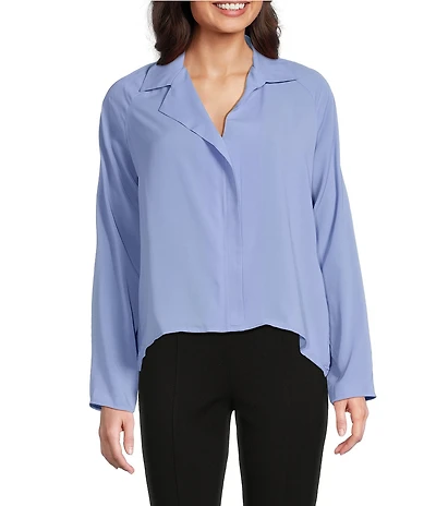Calvin Klein Solid Crepe De Chine Point Collar Long Sleeve Pull-On Blouse