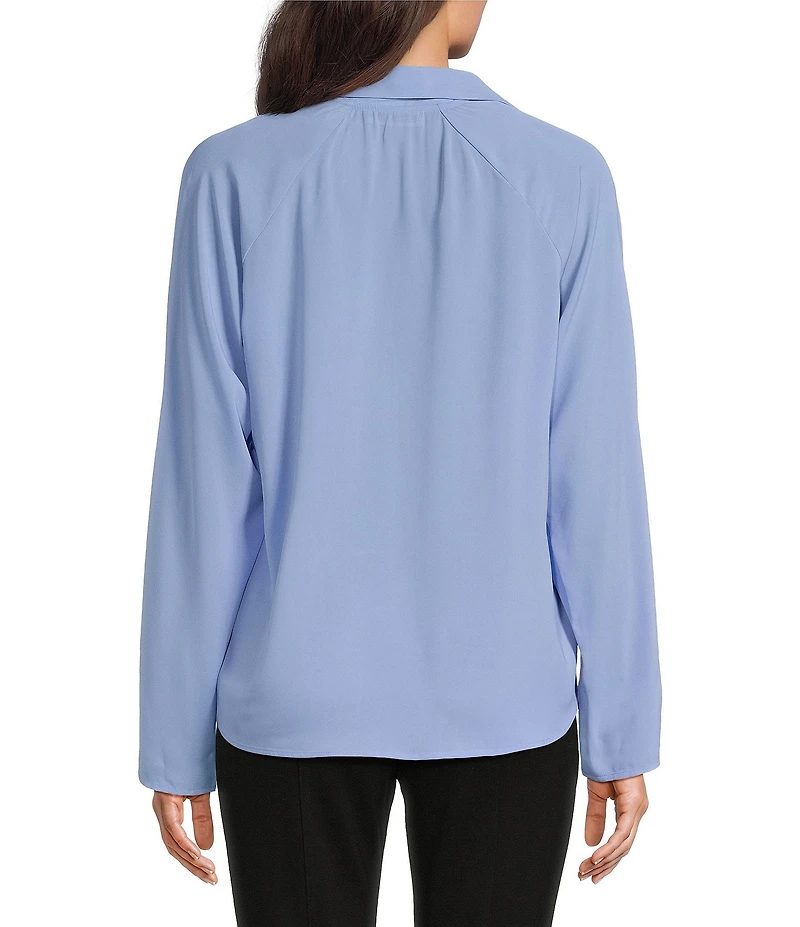 Calvin Klein Solid Crepe De Chine Point Collar Long Sleeve Pull-On Blouse
