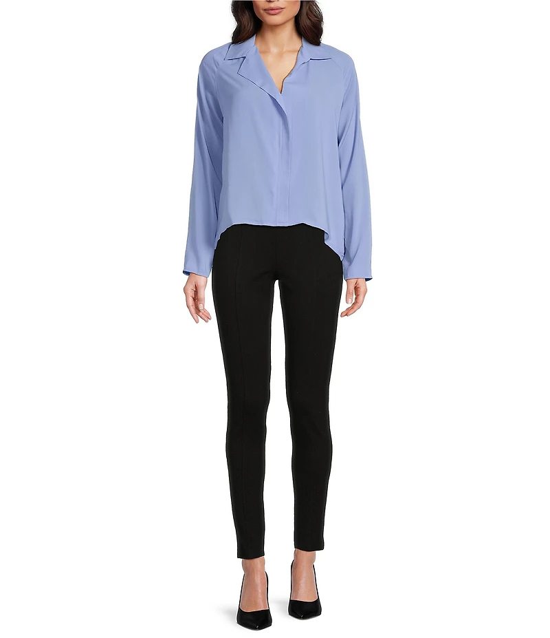 Calvin Klein Solid Crepe De Chine Point Collar Long Sleeve Pull-On Blouse
