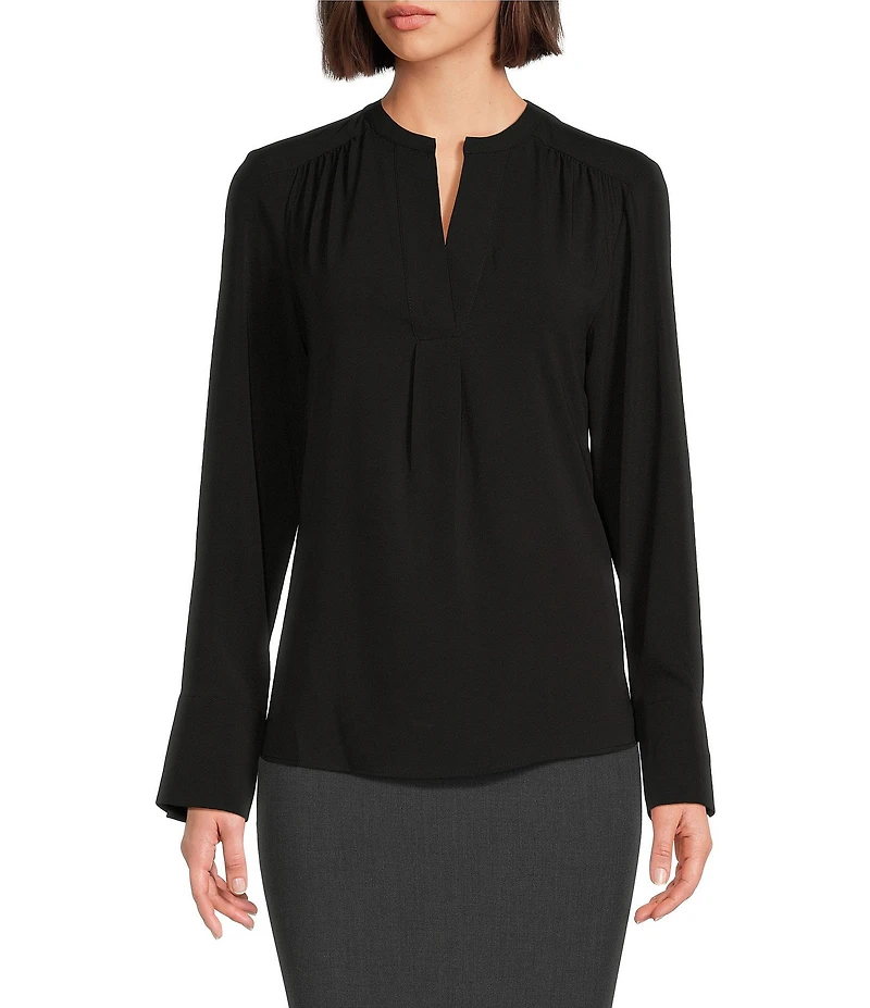 Calvin Klein Solid Crepe de Chine Split V-Neck Long Sleeve Blouse