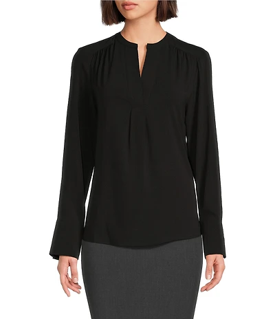 Calvin Klein Solid Crepe de Chine Split V-Neck Long Sleeve Blouse