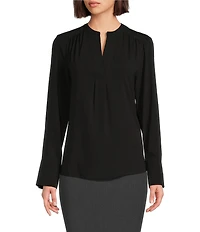 Calvin Klein Solid Crepe de Chine Split V-Neck Long Sleeve Blouse