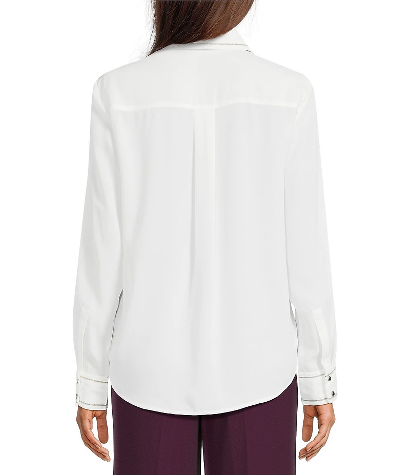 Calvin Klein Sparkle Contrast Trim Fusion Georgette Point Collar Long Sleeve Button Front Top