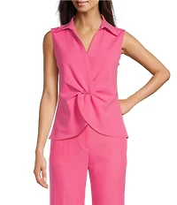 Calvin Klein Stretch Scuba Crepe Collared V-Neck Sleeveless Twist Front Top