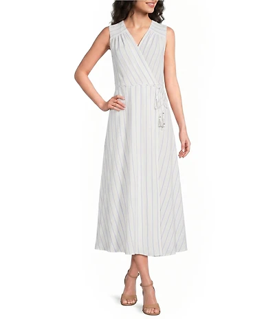 Calvin Klein Striped Sleeveless Faux Wrap Dress