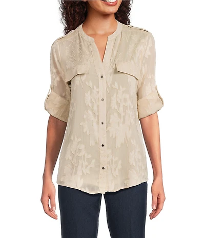 Calvin Klein Textured Novelty Crew Neck Roll Tab Sleeve Button Front Blouse