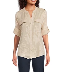 Calvin Klein Textured Novelty Crew Neck Roll Tab Sleeve Button Front Blouse