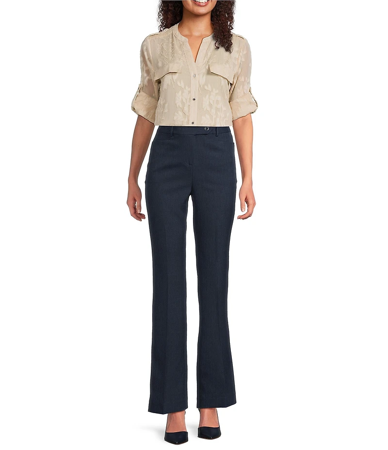 Calvin Klein Textured Novelty Crew Neck Roll Tab Sleeve Button Front Blouse