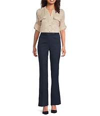 Calvin Klein Textured Novelty Crew Neck Roll Tab Sleeve Button Front Blouse