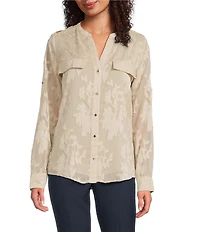 Calvin Klein Textured Novelty Crew Neck Roll Tab Sleeve Button Front Blouse