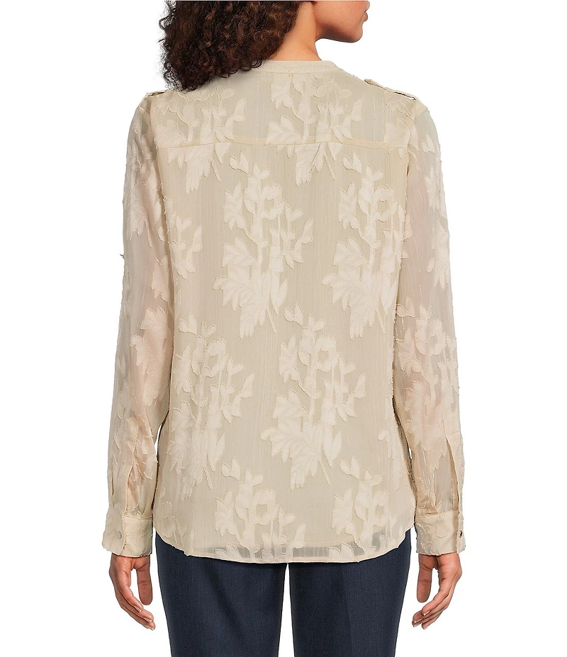 Calvin Klein Textured Novelty Crew Neck Roll Tab Sleeve Button Front Blouse