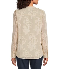 Calvin Klein Textured Novelty Crew Neck Roll Tab Sleeve Button Front Blouse
